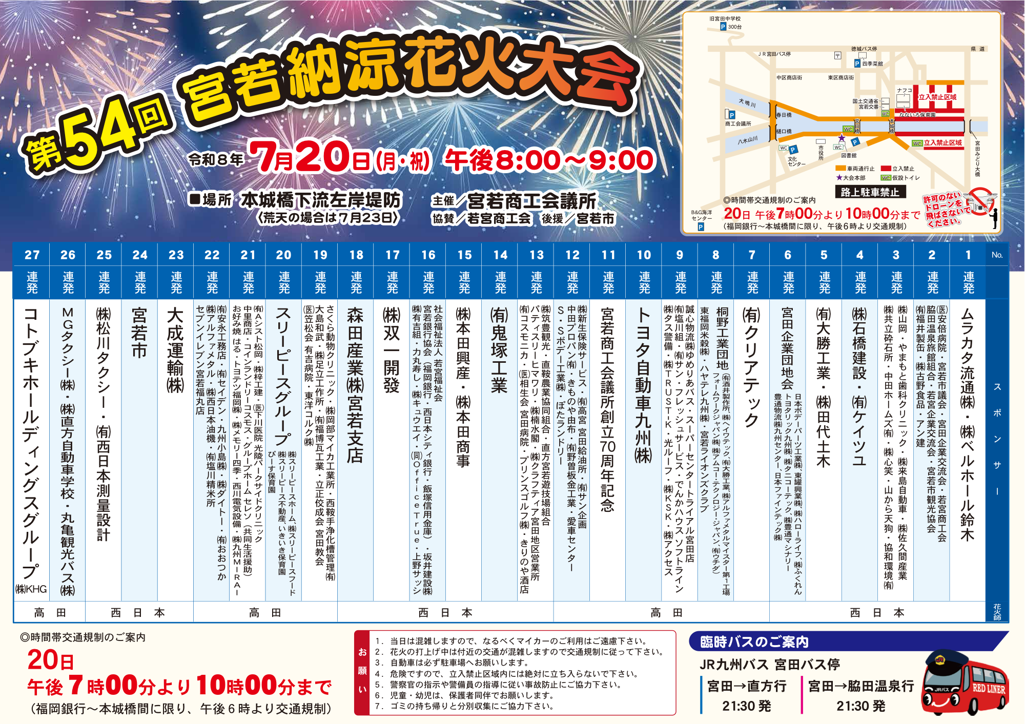 第54回 宮若納涼花火大会 公式チラシ(連発プログラム・会場図つき)